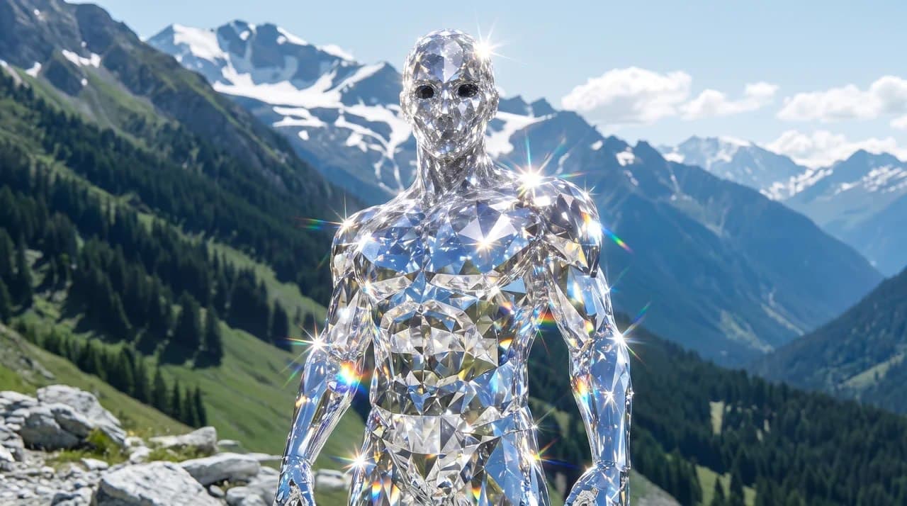 The diamond figure standing in a mountain range